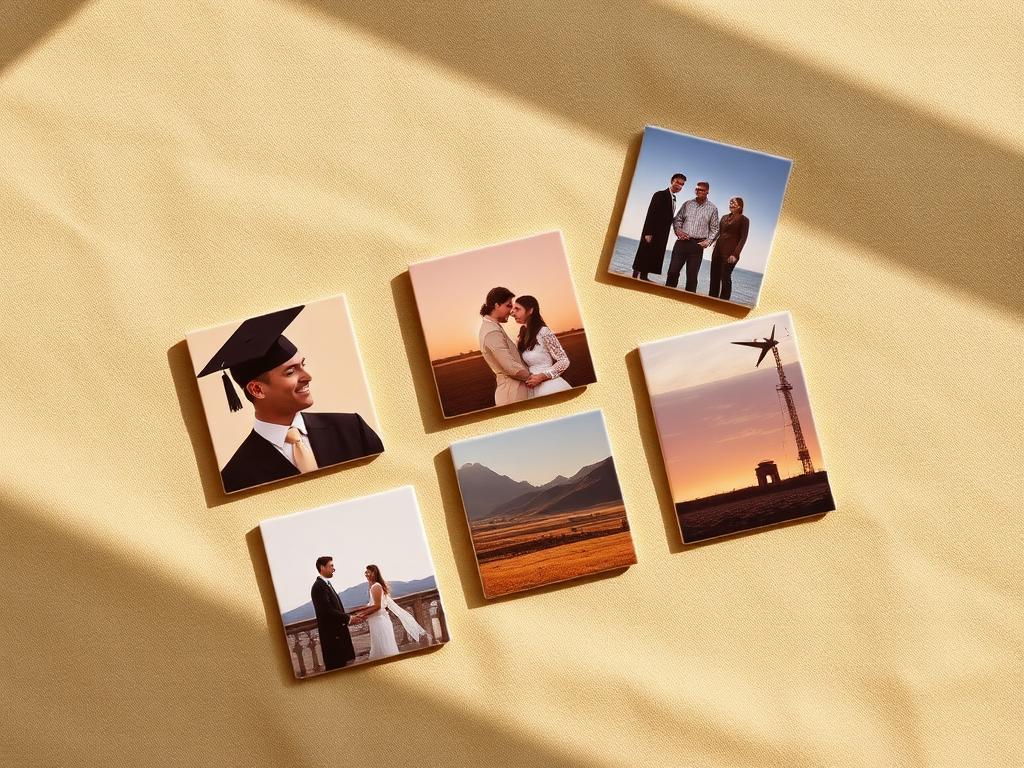 Square photo magnets of graduations, new babies and travel laid out on linen